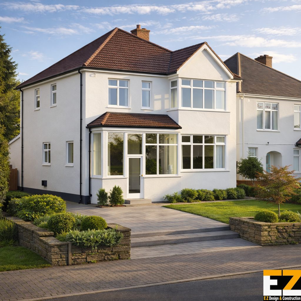 Completed external wall insulation Beckenham project shown from the left elevation