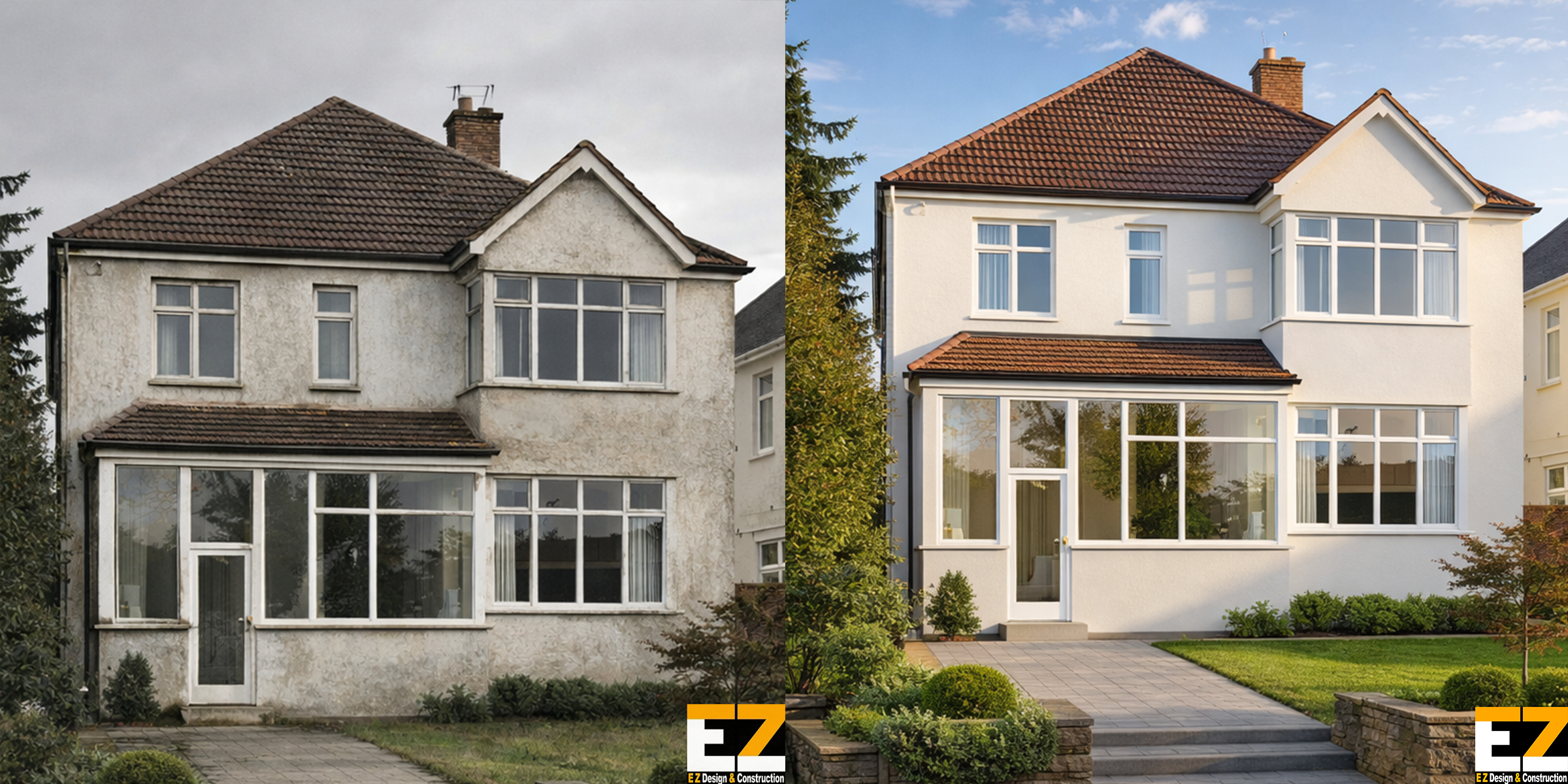 Before and after external wall insulation work completed by an external wall insulation and rendering company in Beckenham