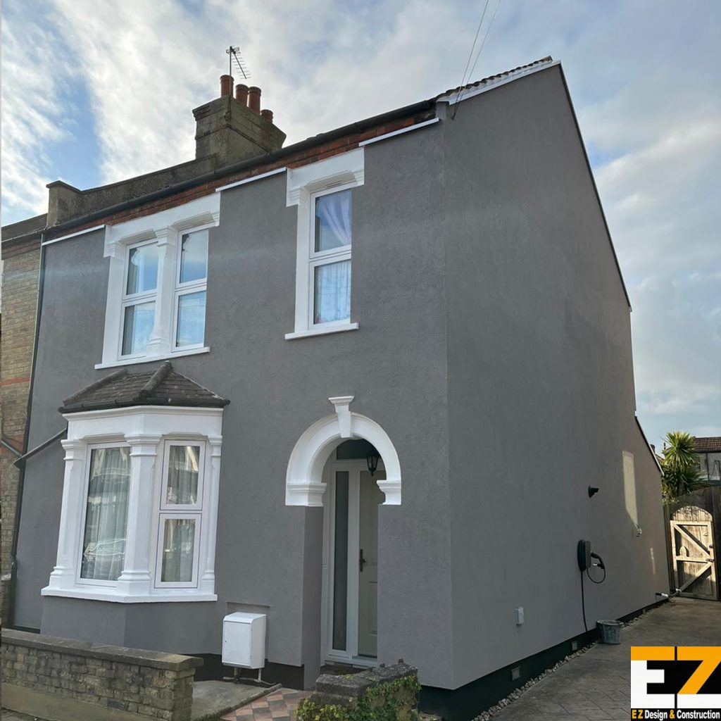 Solid wall insulation project Bexley showing completed front and side elevations with EWI Pro silicone render finish