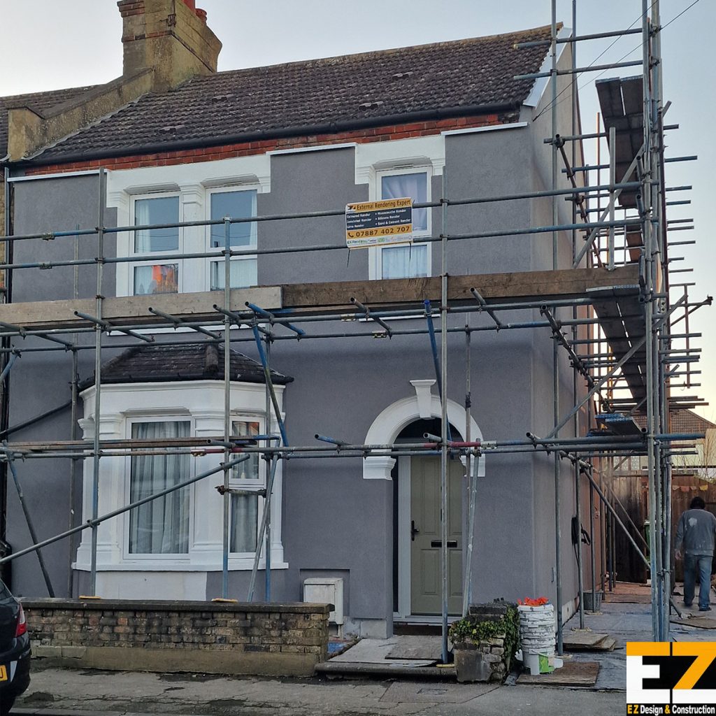 Solid wall insulation project Bexley showing completed front elevation prior to scaffold removal