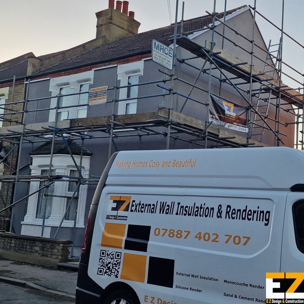 External wall insulation project Bexley with completed facade and E Z Design branded van on site