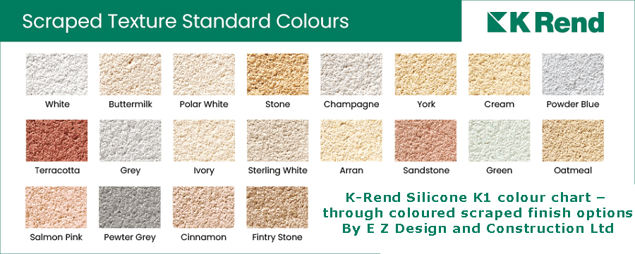 K-Rend Silicone K1 colour chart – through coloured scraped finish options